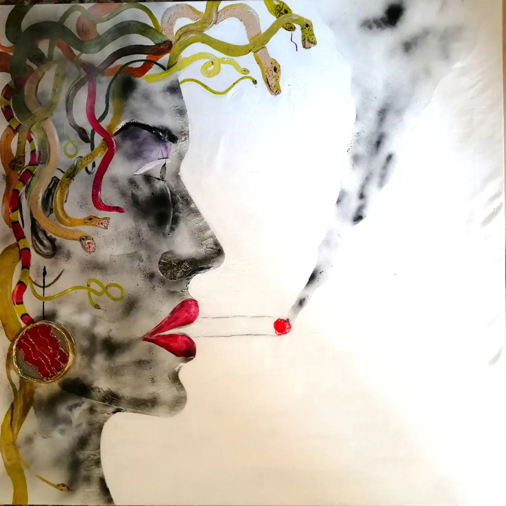 Donna che fuma, dipinto in tecnica mista di Federico Carminati, 2024