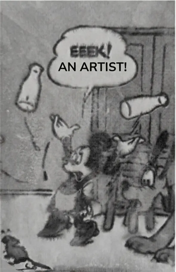 Vignetta d’epoca: Minnie, spaventata, urla «Eeek! An artist!» alla vista di un ratto