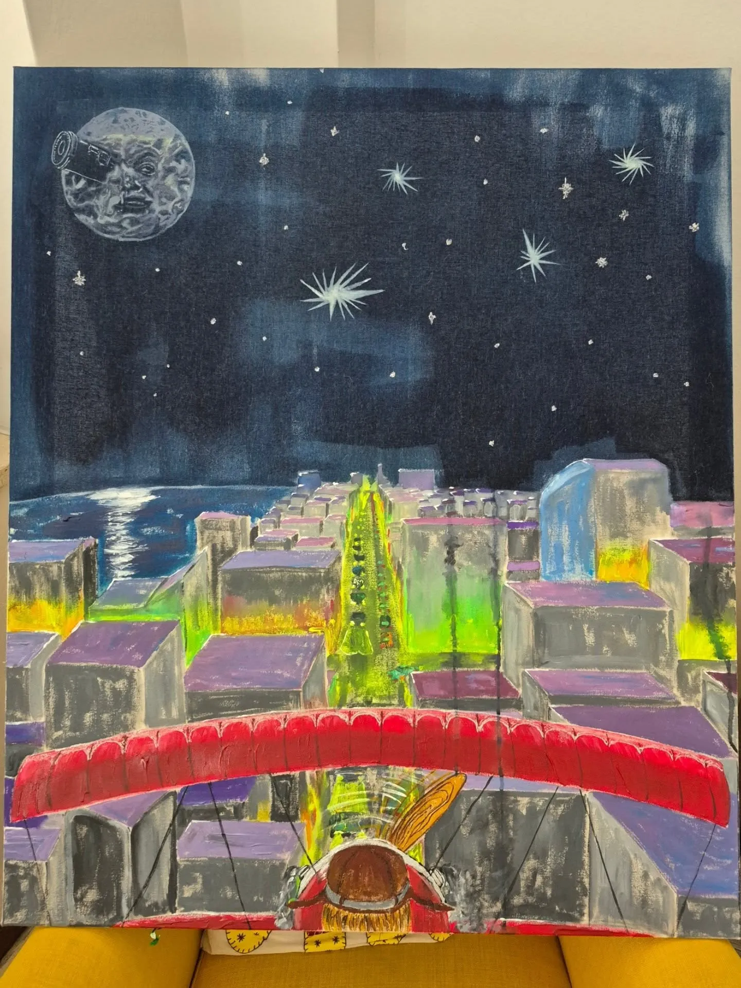Ostalgie part III, ciudad nocturna en acrílico y cianotipia sobre lienzo de Federico Carminati, 2025