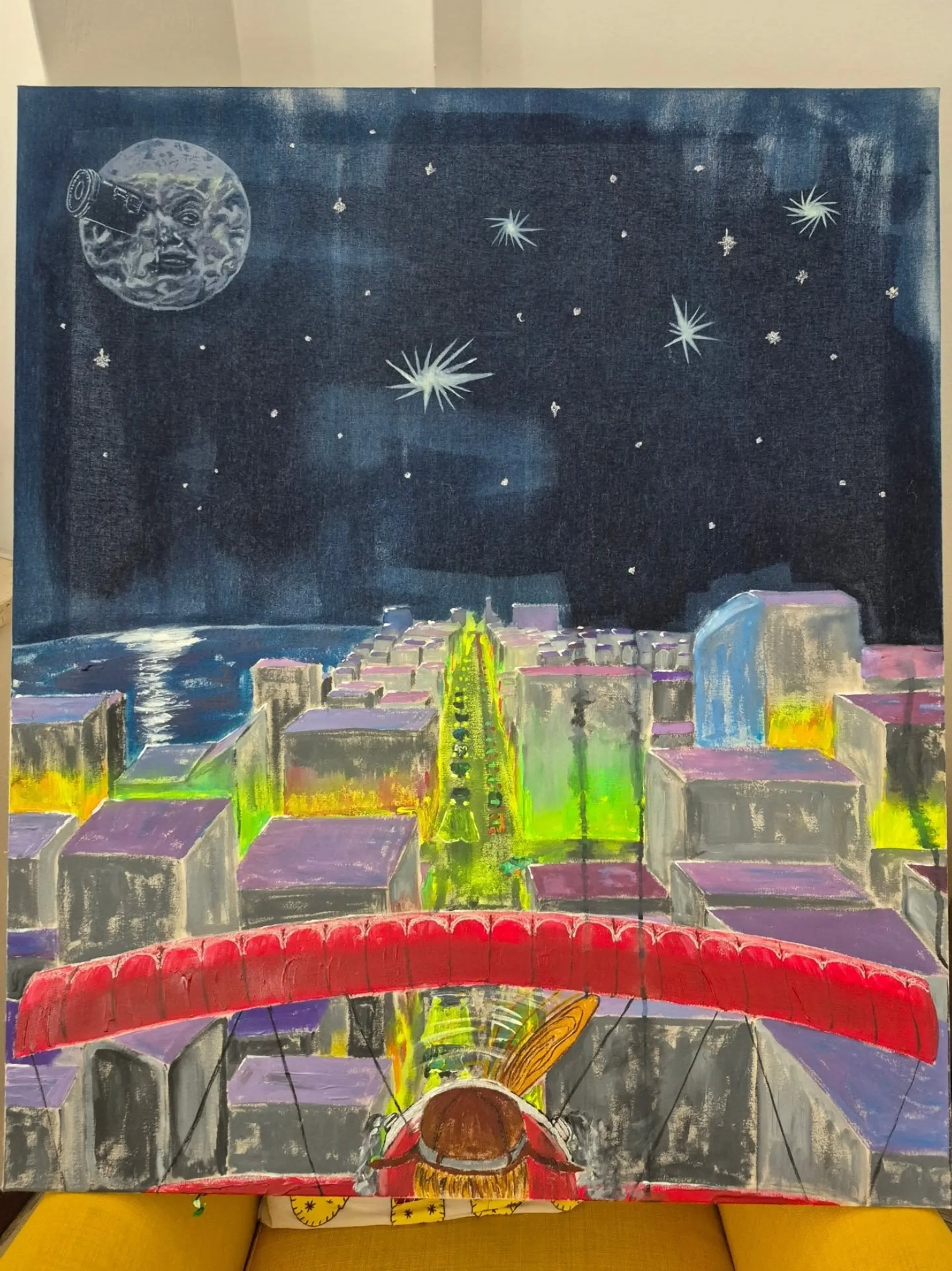 Ostalgie part III, nächtliche Stadt in Acryl und Cyanotypie auf Leinwand von Federico Carminati, 2025