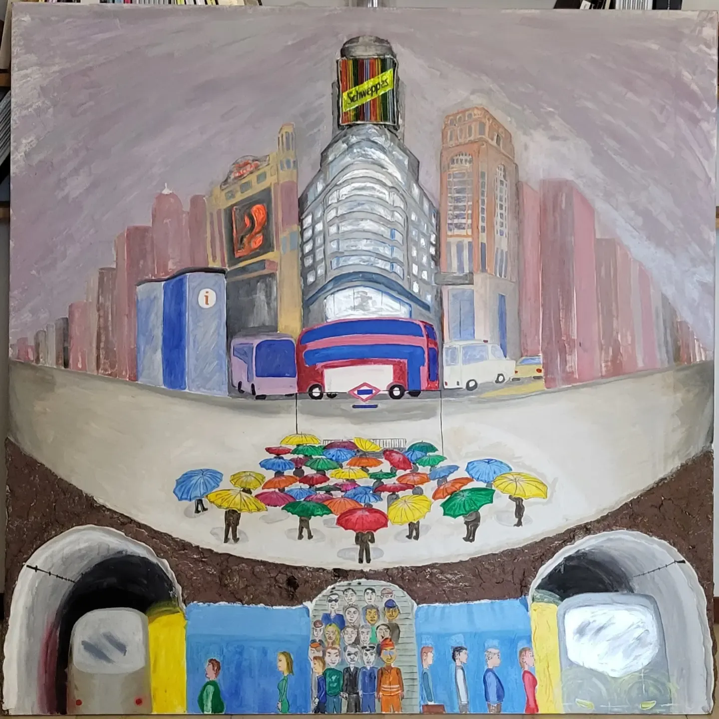 Panta rei — Fughe metropolitane, óleo sobre lienzo y cartón piedra de Federico Carminati, 2023